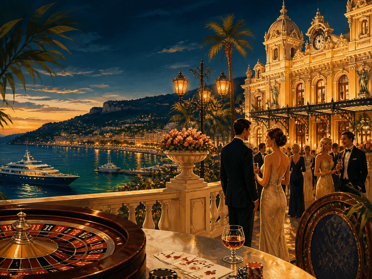 Illustration of a Riviera casino terrace overlooking the Mediterranean at dusk